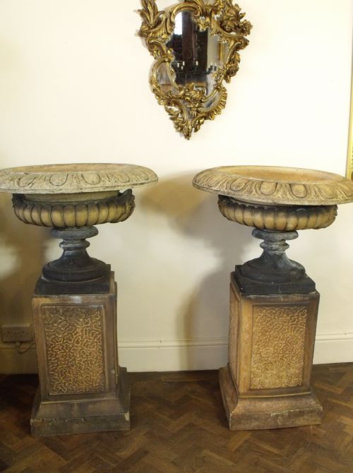 Pair of Large Stoneware Urns on Pedestals - Coalbrookdale