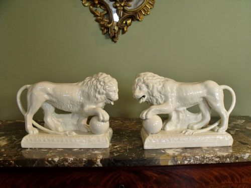 Pair of 19th C Pearl Glazed Lions