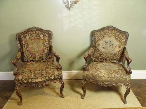 Pair of 19th C Carved Needlework Armchairs
