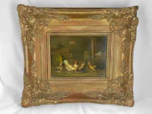 Early 19th C Oil Painting on Panel - Chickens in Barn Scene