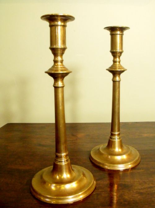 Pair of 18th C Tall Brass Candlesticks