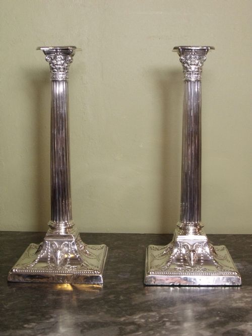Pair 19th C Silver Corinthian Column Candlesticks