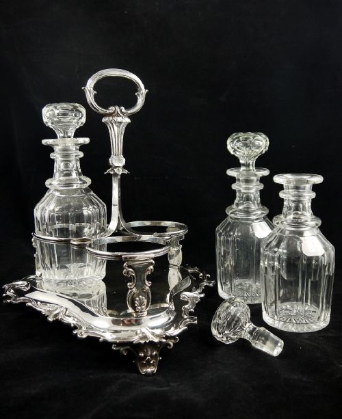 Victorian 3 Division Silver Decanter Stand & 3 Cut Glass Decanters 1840