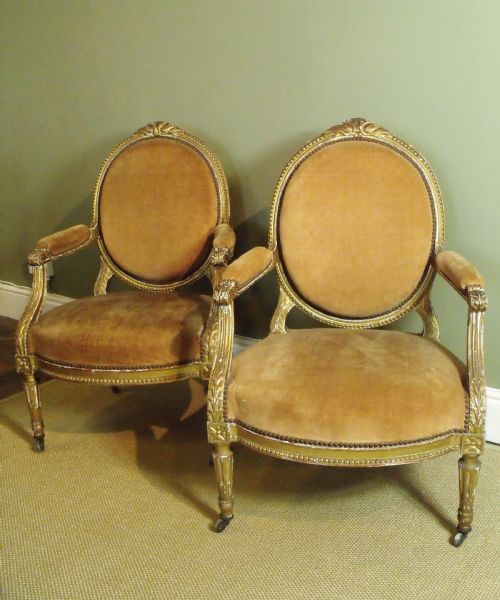 Pair 19th C Giltwood Armchairs