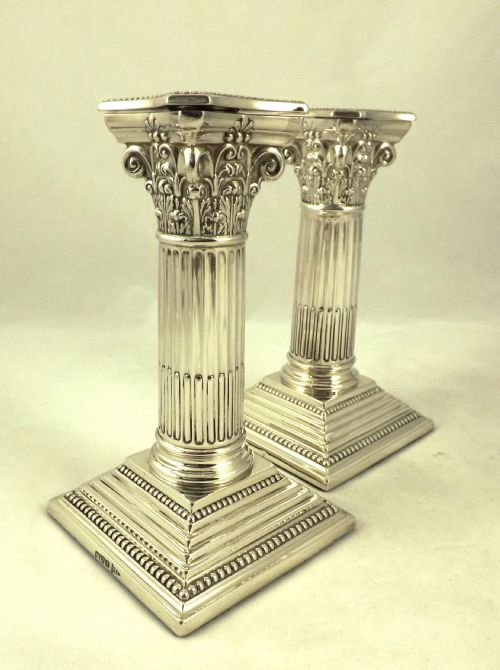 Pair Silver Corinthian Column Candlesticks