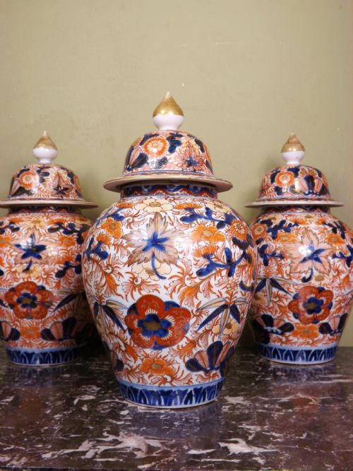 Set of Three 19th C Imari Jars and Covers