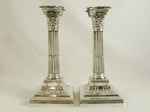 Pair Silver Corinthian Column Candlesticks