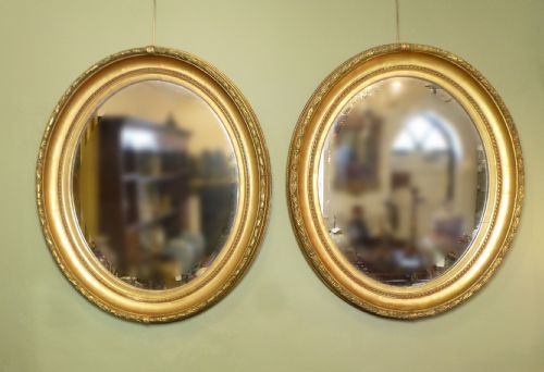 Pair Large Antique 19th C Oval Gilt Mirrors