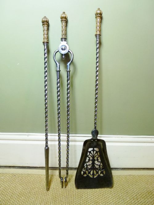 19th C Steel and Brass Fire Tools
