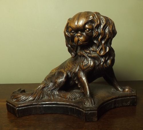 Antique 19th C Carved Oak Spaniel