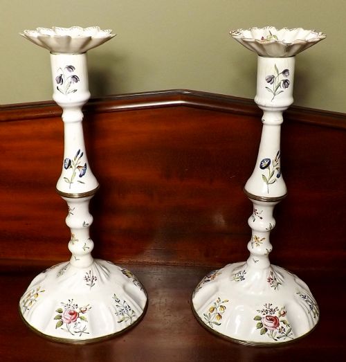 Pair of Bilston Enamel Candle Sticks