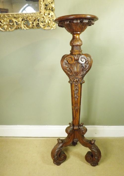 19th C Carved Walnut Torchere Stand