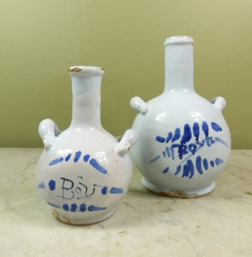 Two 18th C Tin Glaze Bottle Flasks