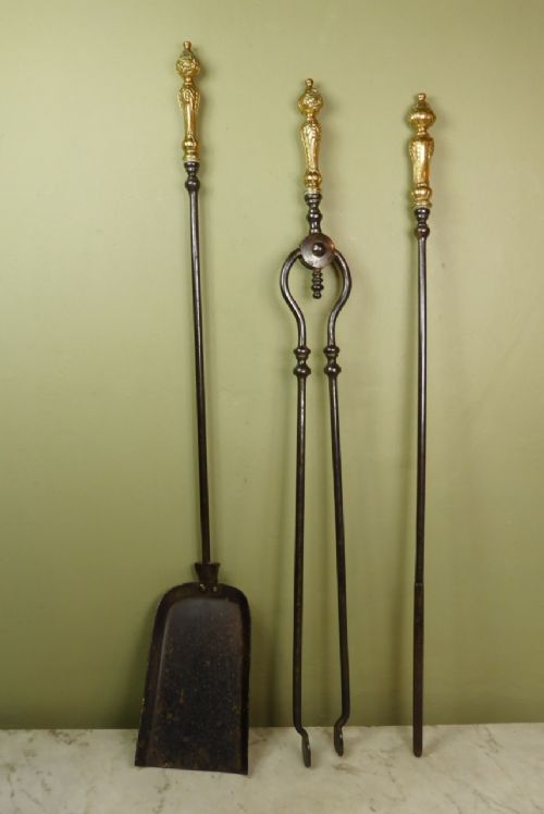 19th C Steel & Brass Fire Tools