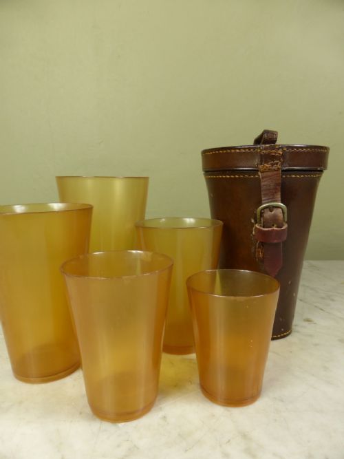 19th C Horn Beakers in Travelling Case