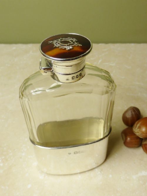 Silver & Tortoiseshell Hip Flask London 1917