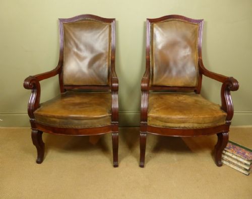 Pair of 19th C Leather Arm Chairs
