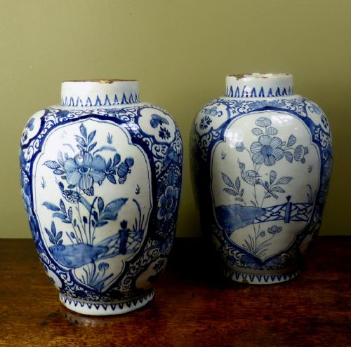 Pair of 18th C Delft Vases