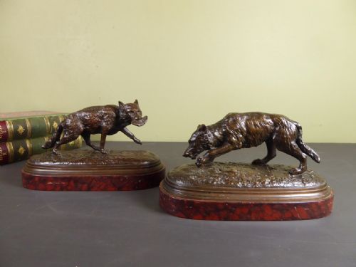 Pair of 19th C Bronzes - Fox & Wolf