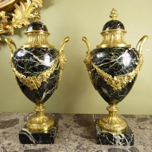 Pair of 19th C Marble & Ormolu Mounted Vases