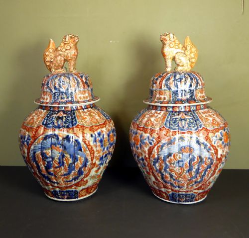 Large Pair of 19th C Imari Vases & Covers