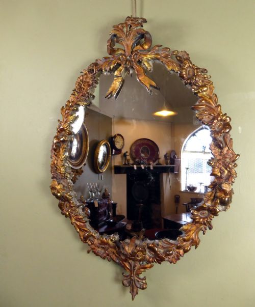 Floral 19th C Gilt Brass Mirror