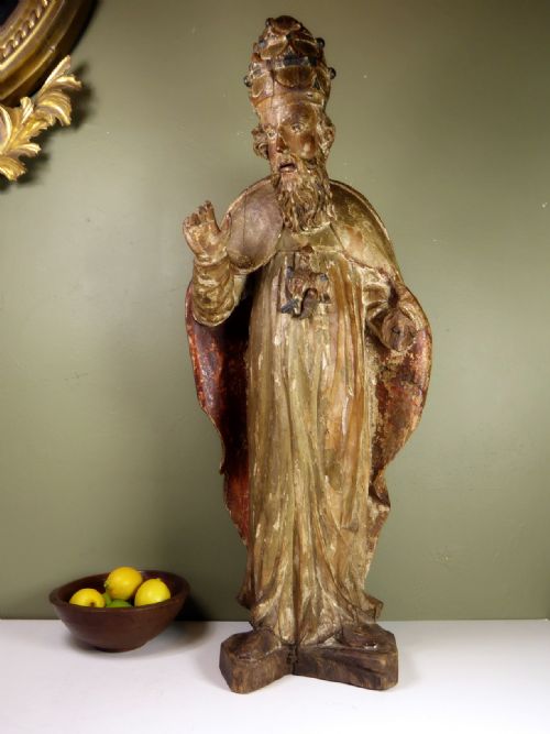 17th C Carved Polycrhome Figure of Saint Thomas