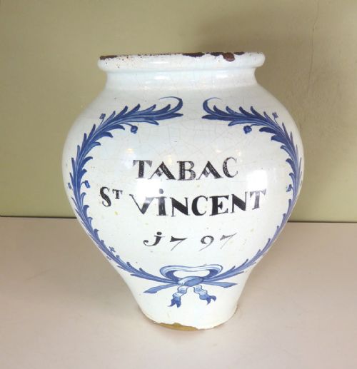 18th C Delft Tobacco Jar Tabac St Vincent 1797