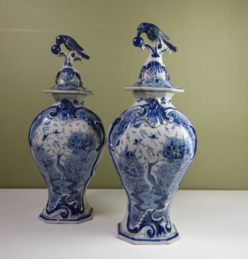 Pair of 18th C Delft Vases & Covers