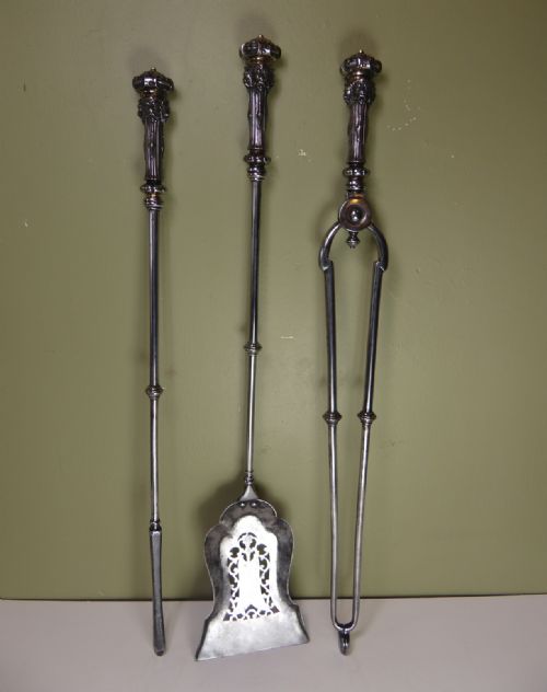 19th C Set of Burnished Steel Fire Tools