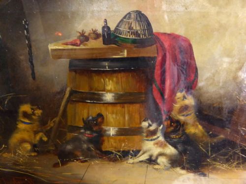 19th C Oil Painting of Terrier Dogs