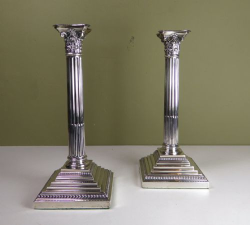 Pair of Silver Corinthian Column Candlesticks