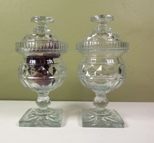 Pair of 19th C Cut Glass Vases with Bowl Covers