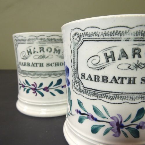 Pair of 19th C Pearlware Sunday School Mugs
