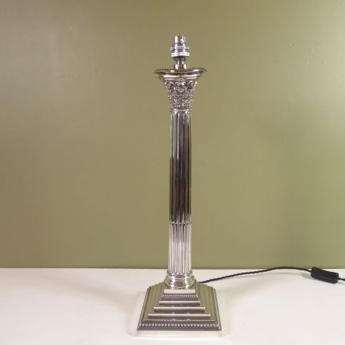 19th C Corinthian Column Silver Plated Lamp Base
