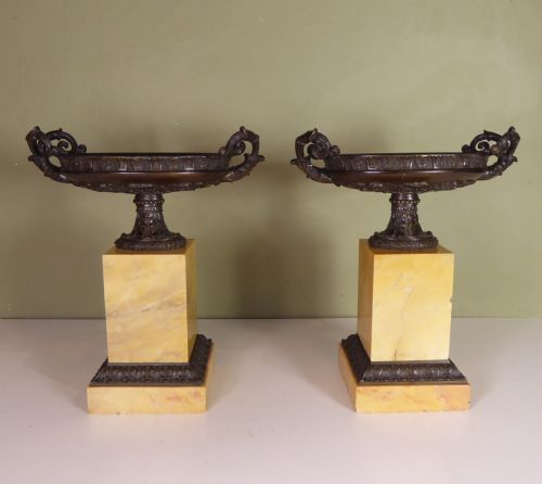Pair of Regency Bronze Tazza on Sienna Marble Bases