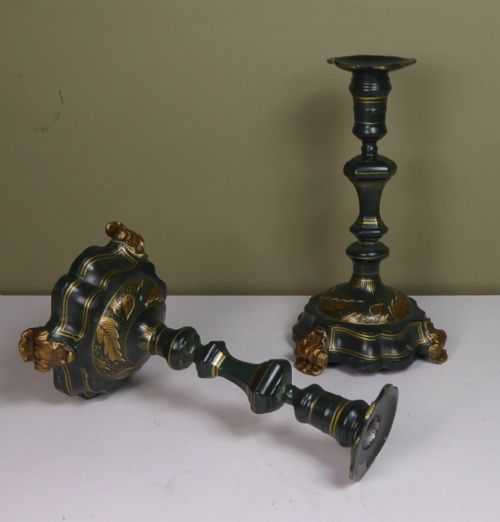 Pair of 18th C Tole & Enamel Candlesticks
