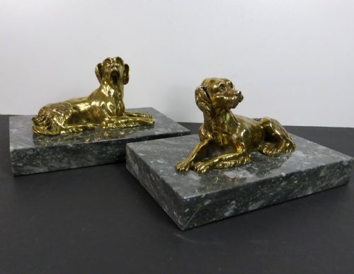 Pair of 19th C Brass Dogs on Marble Plinths