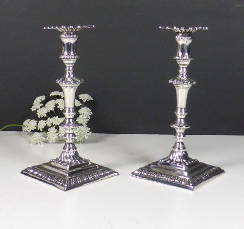 fig 1. PAIR OF SILVER CANDLESTICKS, TAPER STICKS, LONDON 1909.