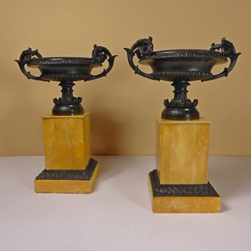 Large Pair of Regency Bronze Tazza on Marble Bases