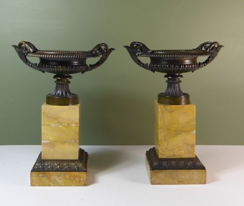 Pair of Early 19th C Bronze Tazza on Marble Bases