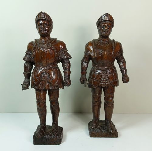 Pair of 19th C Carved Oak Knights