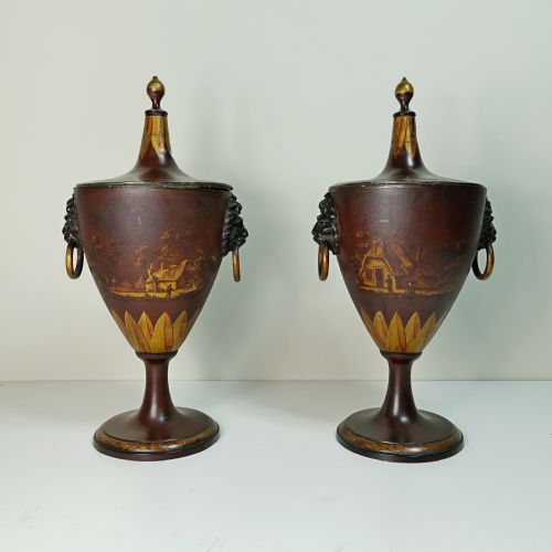 Pair of 19th C Tole Chestnut Urns