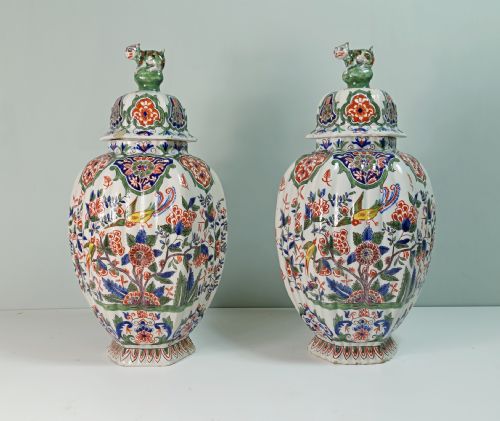 Pair of 18th C Delft Vases & Covers