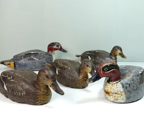 A Collection of Five 19th C Cork Decoy Ducks