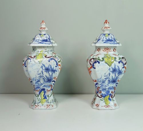 Pair of 18th C Delft Vases & Covers