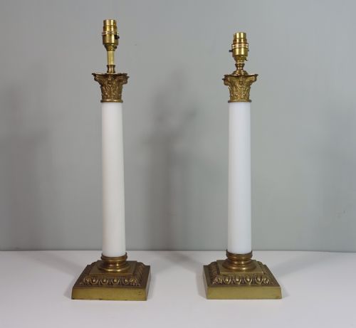 Pair of Brass & Opaline Lamps