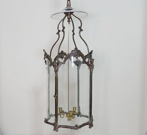 Large 19th C Bronze Lantern with Curved Glass