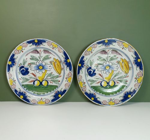 Pair of 18th C Delft Polychrome Chargers