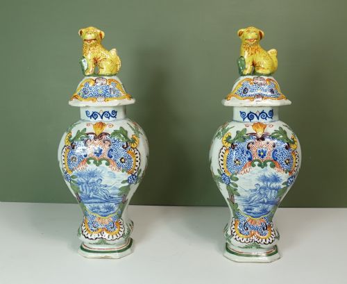 Pair of 18th C Delft Polychrome Vases
